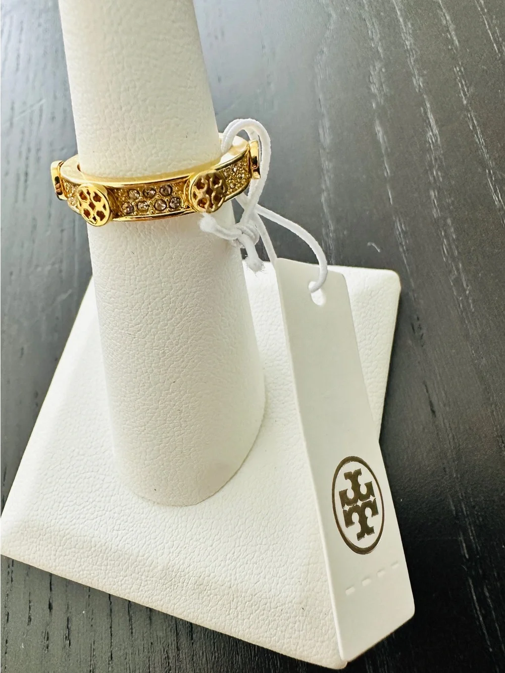 Tory Burch Gold Crystal Logo Medallion Ring